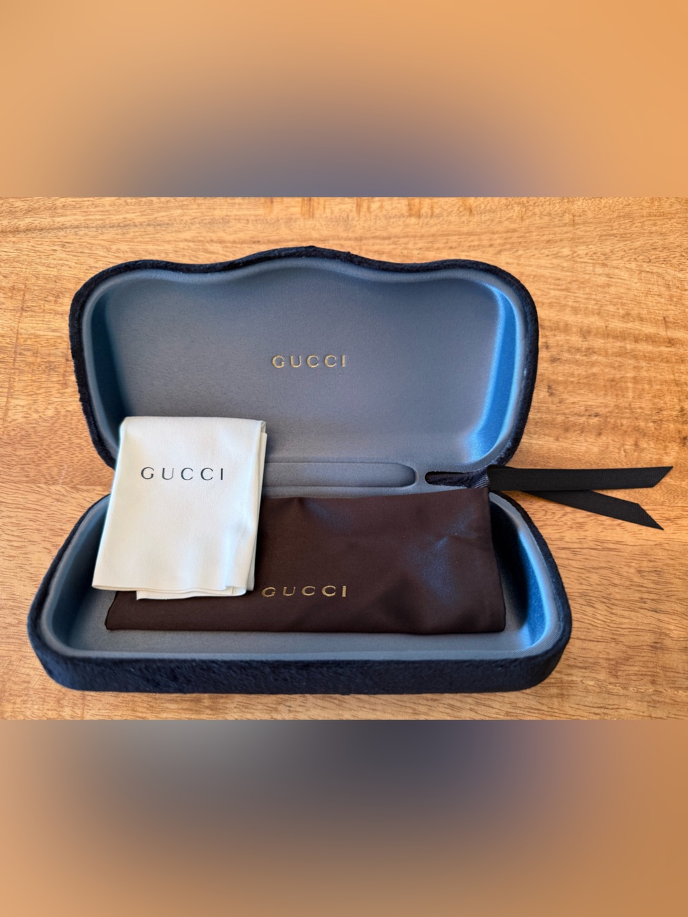 Gucci Navy Blue Eyewear Case with White Cleaning Cloth and Brown Pouch